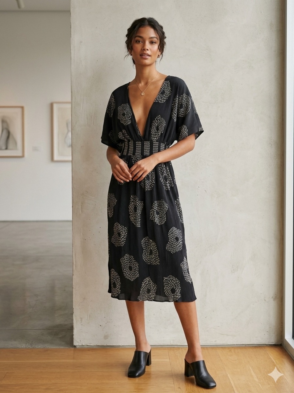Anthropologie Maple Silk Dress L Graphite Ivory Kimono Sleeve Boho Midi